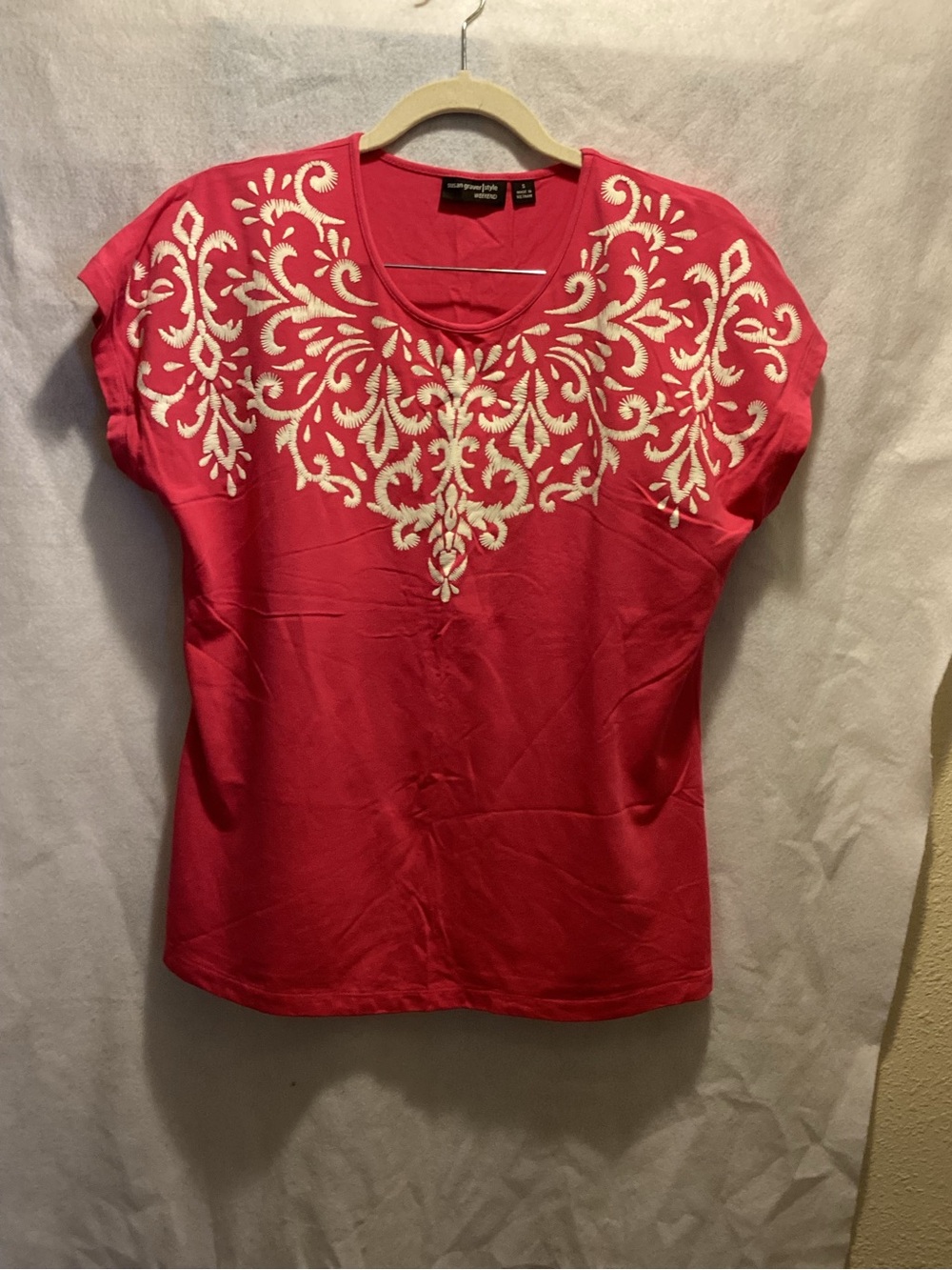 Susan Graver Hot Pink Short-Sleeve Top with Cream Embroidery